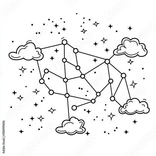 A drawing of a constellation with stars and clouds