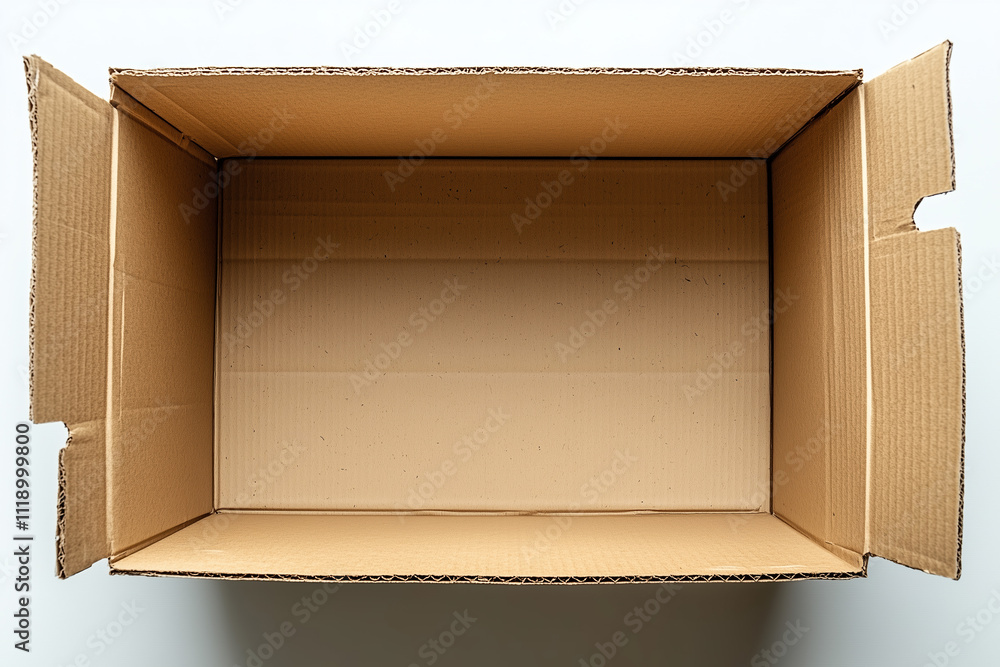 Close-Up of Open Cardboard Box from Above with Visible Interior, Flaps, and Corrugated Texture Close-Up of Open Cardboard Box from Above with Visible Interior, Flaps, and Corrugated Texture
