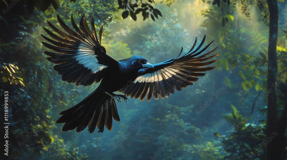 Majestic Magpie in Flight Over Lush Taiwan Forest Majestic Magpie in Flight Over Lush Taiwan Forest