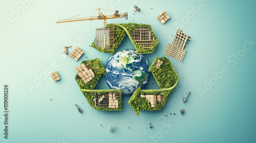 Illustration of Earth Encircled by a Green Recycling Arrow with Construction Bricks and Crane Representing Circular Economy in Sustainable Construction