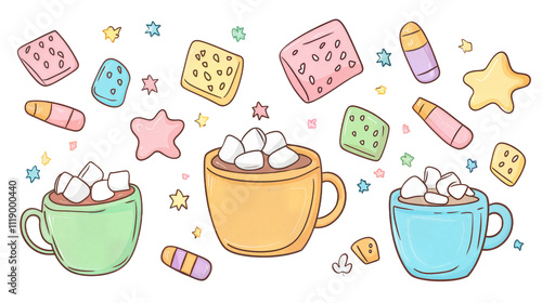 Hot Cocoa Cups Filled With Mini Marshmallows and Colorful Candies Surrounded by Star-Shaped Sweets in a Whimsical Illustration