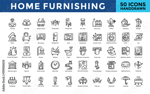 Home Furnishing icons set with pet bed, pet bowl, kitchen island, dining table, dining chair, bar stool, wine rack, cutlery, cookware, blender icon. Simple handdrawn vector 
