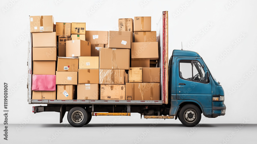 Vibrant Moving Truck Packed with Boxes on a White Background for Logistics and Transportation Themes Vibrant Moving Truck Packed with Boxes on a White Background for Logistics and Transportation Themes