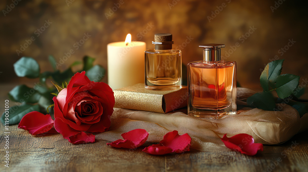 An Elegant arrangement of perfume bottles, candle, and rose An Elegant arrangement of perfume bottles, candle, and rose