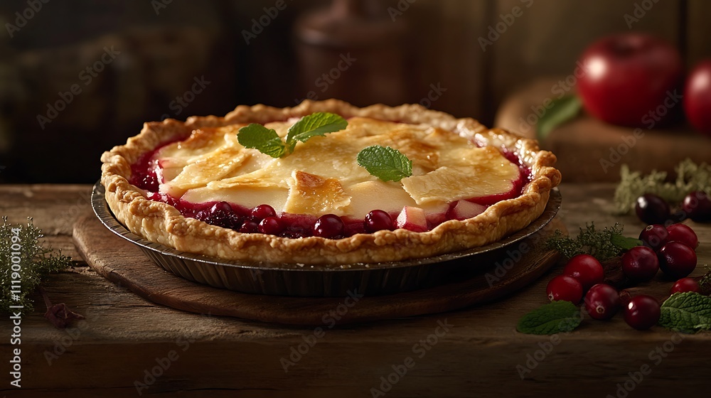 Rustic apple cranberry pie on wooden table with autumnal setting. Rustic apple cranberry pie on wooden table with autumnal setting.
