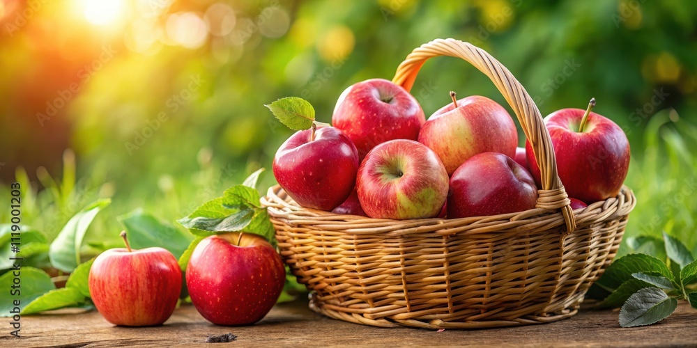Basket of fresh red apples placed on green leaves, apple, basket, fresh, red, ripe, fruit, green, leaves, orchard, harvest, healthy Basket of fresh red apples placed on green leaves, apple, basket, fresh, red, ripe, fruit, green, leaves, orchard, harvest, healthy