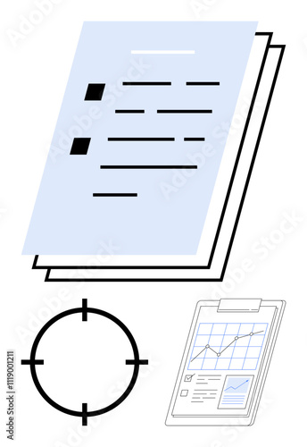 Business documents with checkmarks, a target focus symbol, and a clipboard displaying graphs and charts. Ideal for corporate planning, project management, goal setting, strategic analysis, marketing