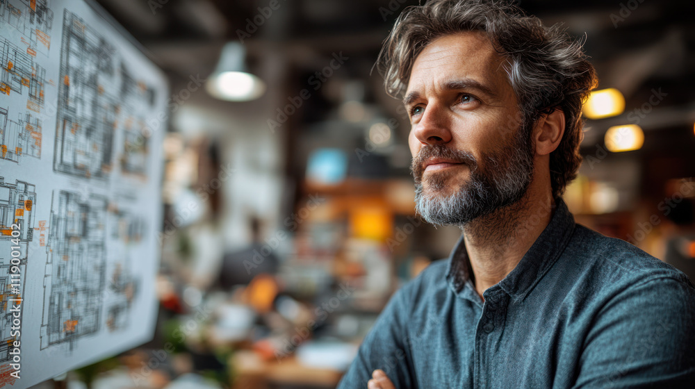 An Architect contemplating building plans in creative workspace, focused and inspired An Architect contemplating building plans in creative workspace, focused and inspired