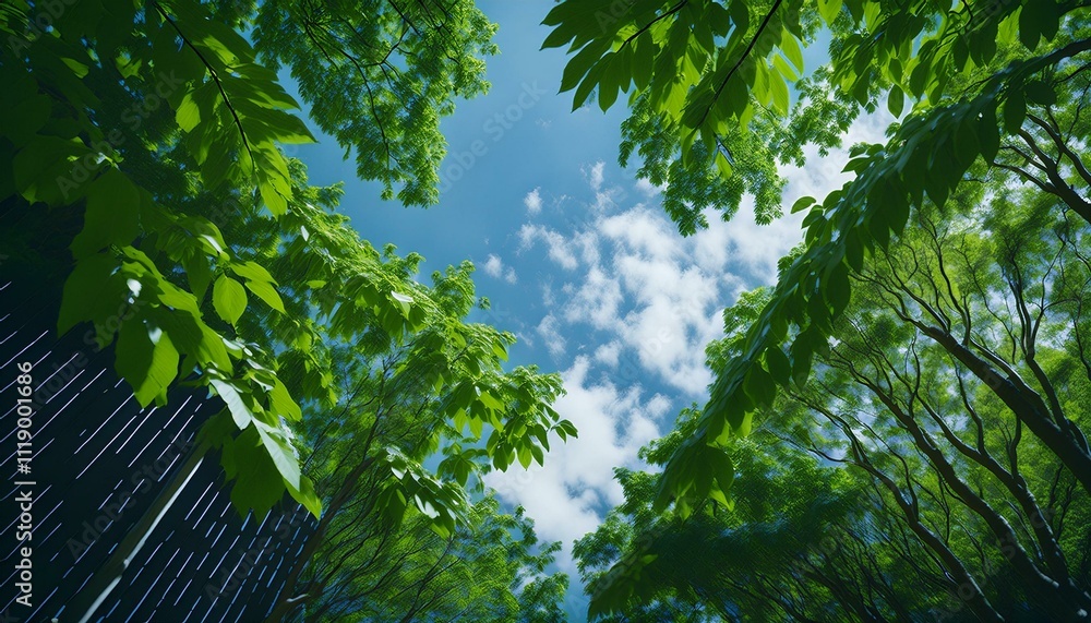 Fototapeta premium Looking up at lush green trees against a bright blue sky. A tranquil summer scene.