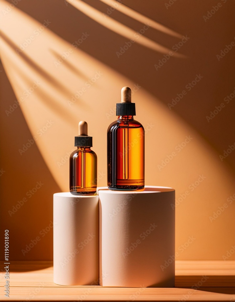Amber glass dropper bottles on minimalist display. Natural light and shadows. Amber glass dropper bottles on minimalist display. Natural light and shadows.