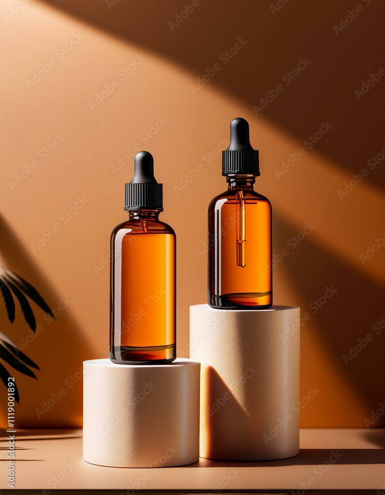 Amber glass dropper bottles on minimalist beige display. Amber glass dropper bottles on minimalist beige display.