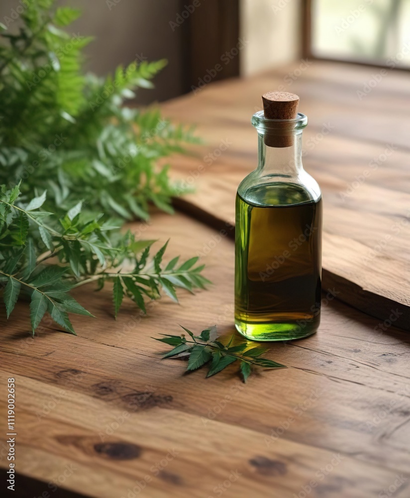 Rustic wooden table with glass bottle filled with dark green neem oil, herbal remedy, rustic decor Rustic wooden table with glass bottle filled with dark green neem oil, herbal remedy, rustic decor