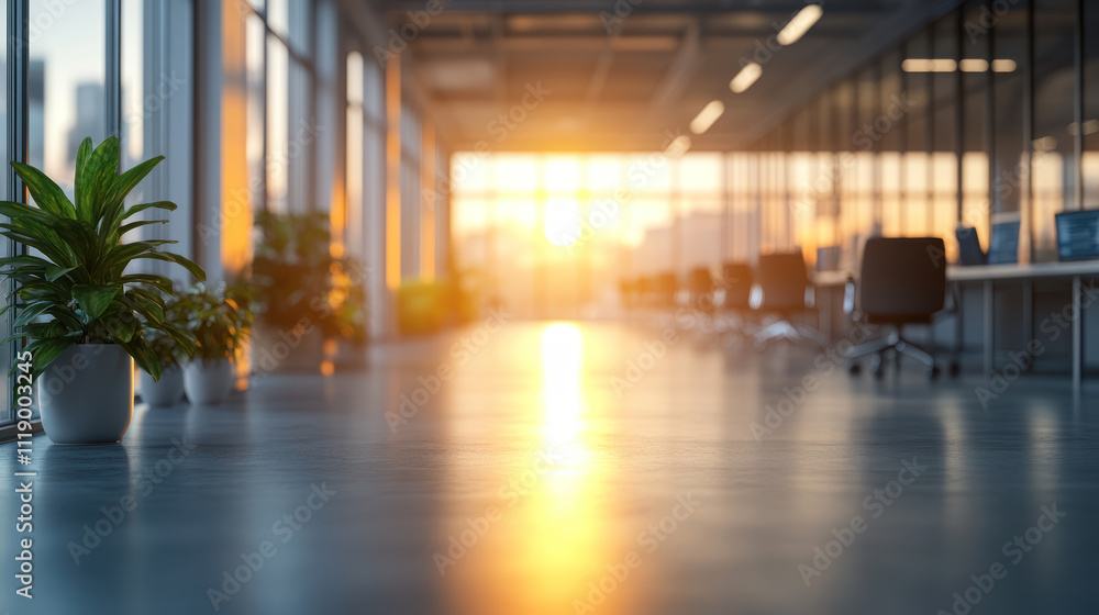 A Bright, clean office space with plants and sunset lighting A Bright, clean office space with plants and sunset lighting