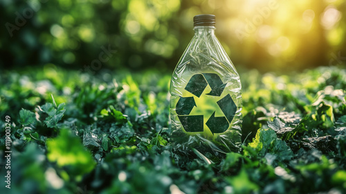 Eco-Friendly Green Recycling Symbol Displayed on a Plastic Bottle for Sustainable Living photo