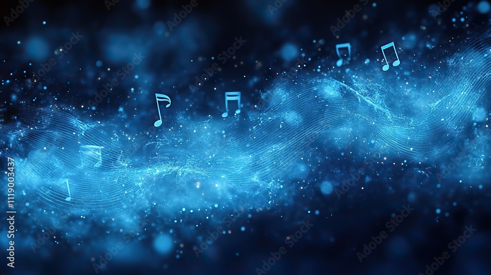 Musical notes and staff lines on a cool blue background, with white waves evoking sound flow Musical notes and staff lines on a cool blue background, with white waves evoking sound flow