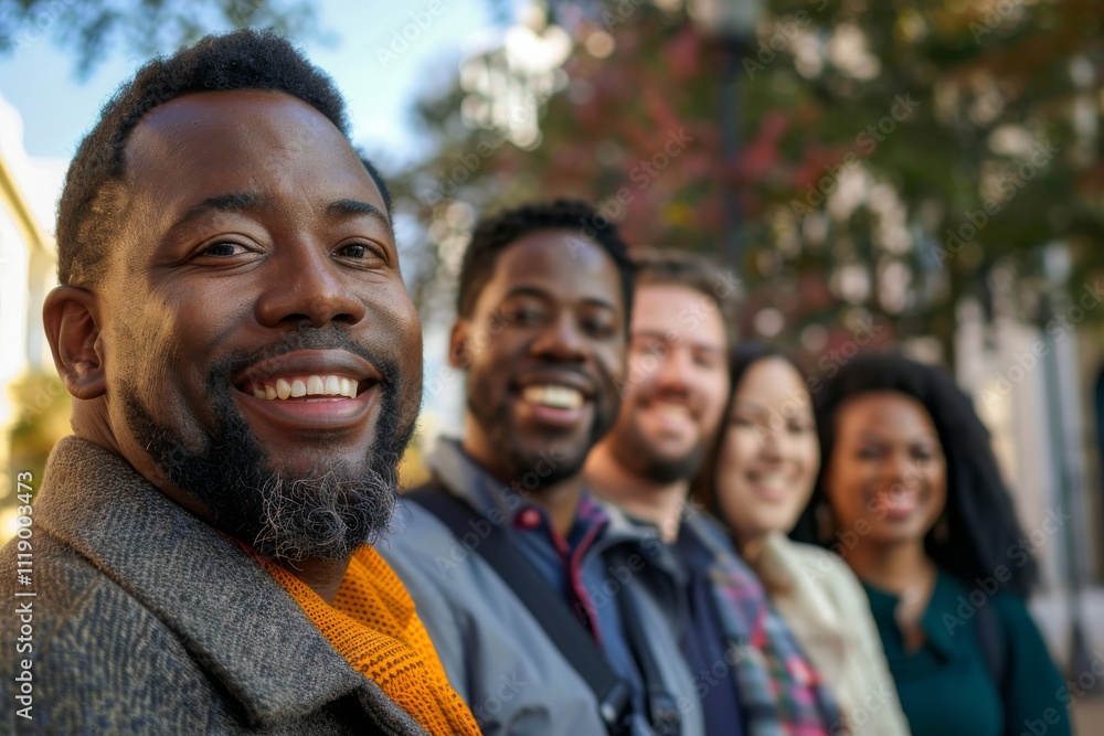 Portrait of happy african american man with friends in the background Portrait of happy african american man with friends in the background