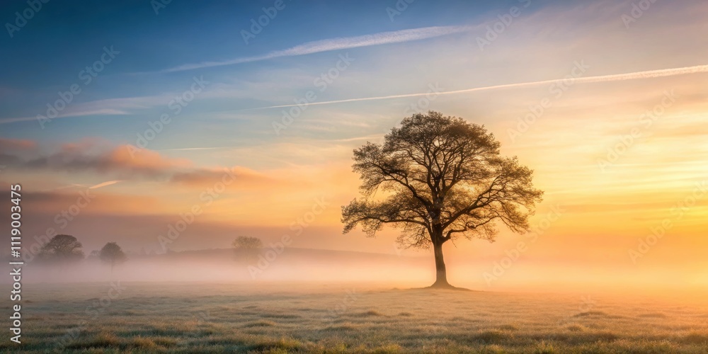 Lone tree standing in a misty landscape at dawn, tree, misty, landscape, dawn, fog, tranquil, serene, nature, solitude Lone tree standing in a misty landscape at dawn, tree, misty, landscape, dawn, fog, tranquil, serene, nature, solitude