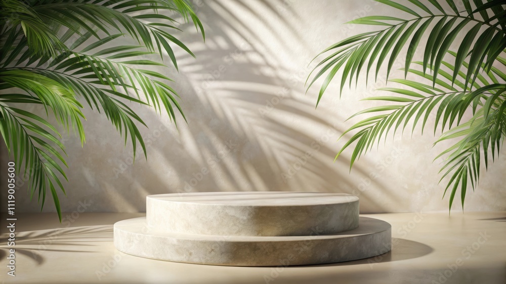 Natural stone podium backdrop with palm leaves shadow for cosmetic product display, minimalist, beauty, trend, rendering Natural stone podium backdrop with palm leaves shadow for cosmetic product display, minimalist, beauty, trend, rendering