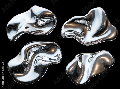 Futuristic Chrome Liquid Metal Shapes Glossy Isolated Organic Droplets and Puddles in Spotlight photo