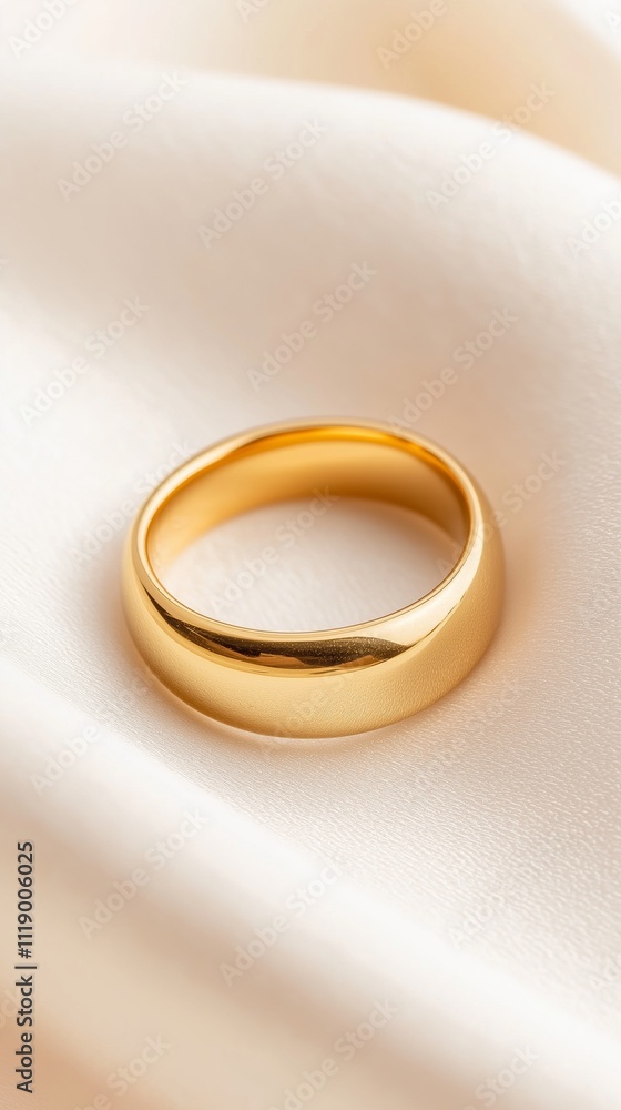 Elegant gold wedding band resting on smooth satin fabric with soft lighting highlighting its shine and curves. Elegant gold wedding band resting on smooth satin fabric with soft lighting highlighting its shine and curves.