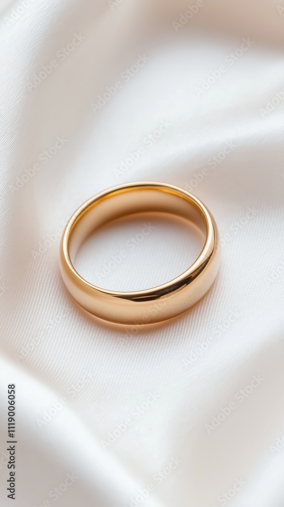 Elegant gold wedding band resting on soft satin fabric in warm natural light. Elegant gold wedding band resting on soft satin fabric in warm natural light.