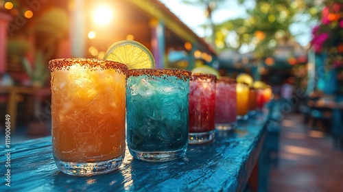 People joyfully toasting with margaritas in a colorful and bright Mexican restaurant