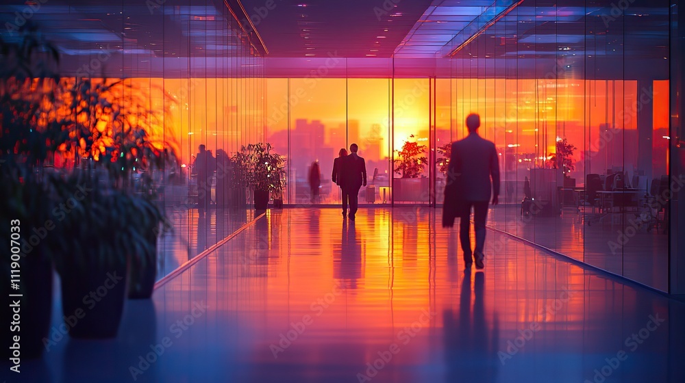 People walking in an office space with motion blur and bright lighting People walking in an office space with motion blur and bright lighting