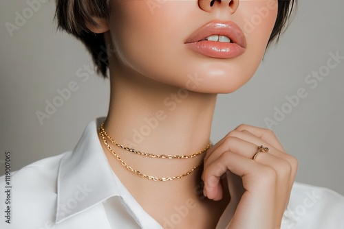 woman, beauty, neck, neckless, gold, jewelry, hair, fashion, face, model, person, glamour, people, brunette, long, one,, lips, sensuality, smile, elegance, studio, skin, smiling, make-up, head, closeu photo