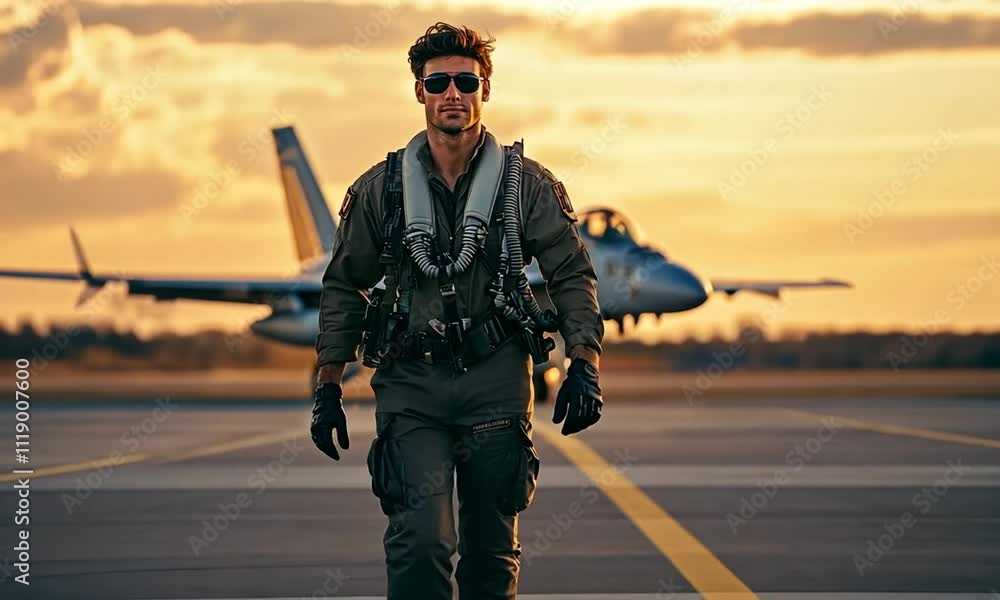 A confident pilot in a flight suit walks towards a military aircraft during sunset. A confident pilot in a flight suit walks towards a military aircraft during sunset.