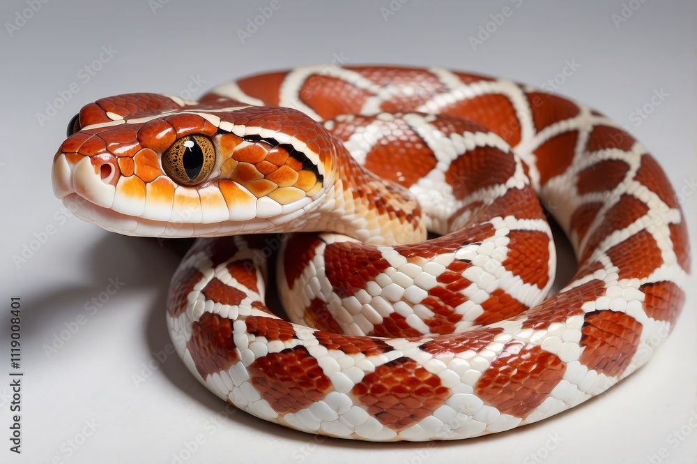 Close-up of a small, reddish-orange snake with white markings coiled on a white background. Its head is slightly raised, and its eyes are visible. The snake's skin is smooth and patterned. Close-up of a small, reddish-orange snake with white markings coiled on a white background. Its head is slightly raised, and its eyes are visible. The snake's skin is smooth and patterned.