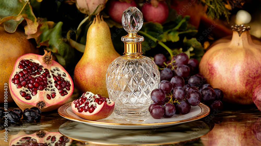 Decorative glass bottle with fruit arrangement of pomegranate, grapes, and pears Decorative glass bottle with fruit arrangement of pomegranate, grapes, and pears