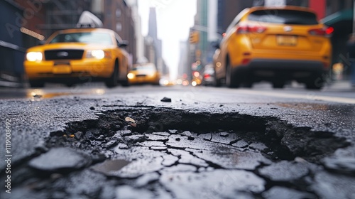 NYC traffic jam with yellow cabs and cars speeding down the urban highway