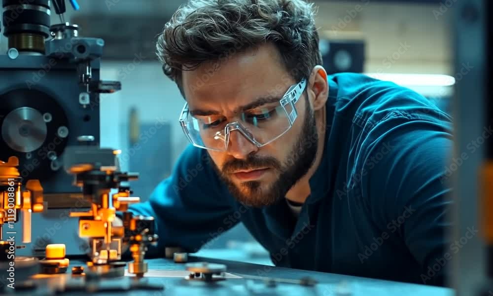 A focused technician working on machinery in an industrial setting. A focused technician working on machinery in an industrial setting.