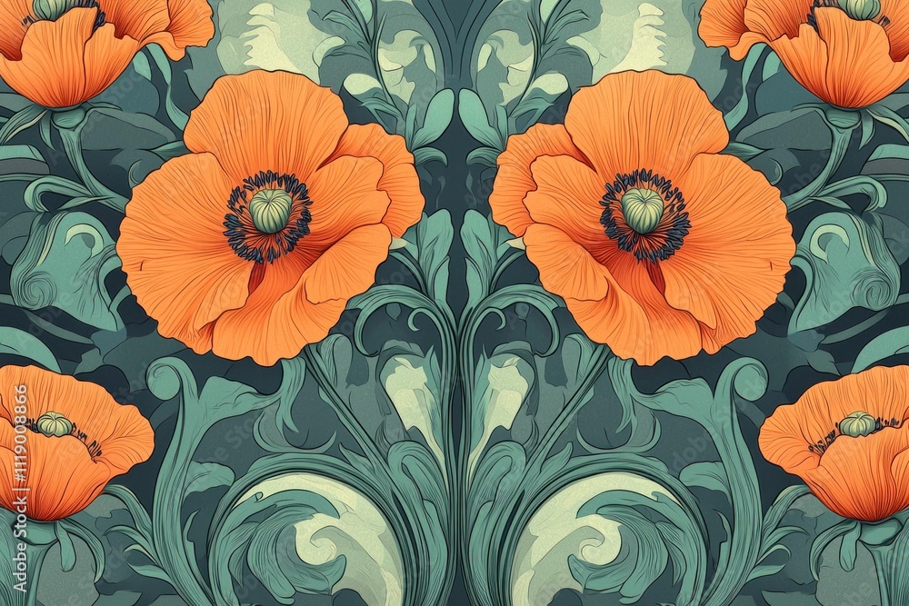 Vibrant orange poppies with intricate green foliage, creating a harmonious floral pattern on a textured background, ideal for nature and design themes. Vibrant orange poppies with intricate green foliage, creating a harmonious floral pattern on a textured background, ideal for nature and design themes.