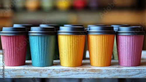 A collection of takeaway coffee or black tea cups arranged in rows, symbolizing energy, routine, and connectivity. Perfect for themes of productivity, workplace culture, or modern lifestyles photo