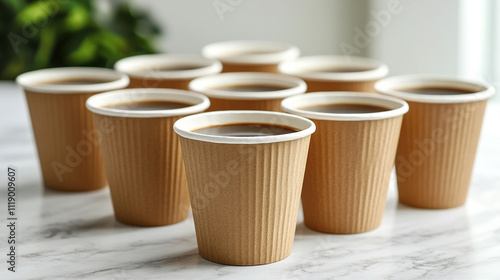 A collection of takeaway coffee or black tea cups arranged in rows, symbolizing energy, routine, and connectivity. Perfect for themes of productivity, workplace culture, or modern lifestyles photo