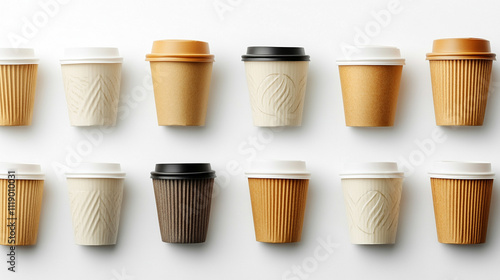 collection of takeaway coffee or black tea cups arranged in rows, symbolizing energy, routine, and connectivity. Perfect for themes of productivity, workplace culture, or modern lifestylee photo