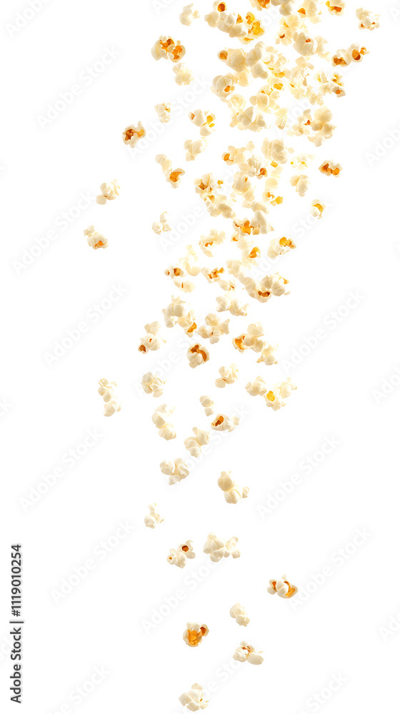 A dynamic 3D render showcasing falling popcorn with stunning clarity on a white background, complete with full depth of field and a transparent png background. A dynamic 3D render showcasing falling popcorn with stunning clarity on a white background, complete with full depth of field and a transparent png background.