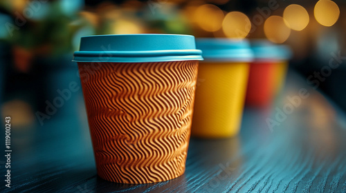 collection of takeaway coffee or black tea cups arranged in rows, symbolizing energy, routine, and connectivity. Perfect for themes of productivity, workplace culture, or modern lifestylee photo