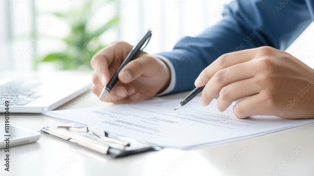 Professional Businessman Filling Out Important Documents in Office Professional Businessman Filling Out Important Documents in Office