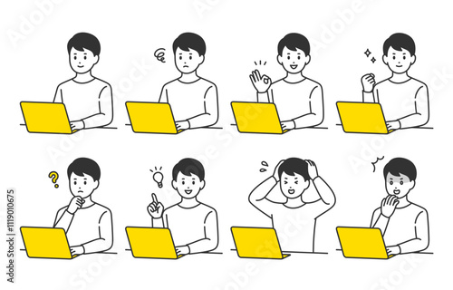 パソコンを見ながらいろいろな表情･ポーズをする若い男性のセット【人物ベクターイラスト素材】