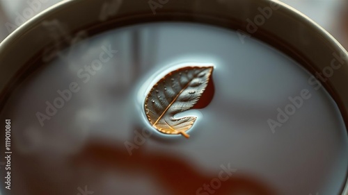 The surface of a steaming cup of tea with a floating tea leaf in slow motion , blur, steam photo