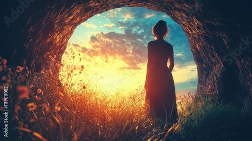 Woman standing at cave entrance during sunset, concept of wonder and exploration