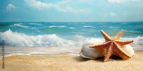 Beach starfish seashells golden sand serene ocean landscape nature summer photo