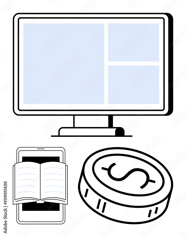 Computer monitor with divided screen, open book on mobile device, and dollar coin. Ideal for online banking, digital education, e-learning, financial literacy, mobile apps, digital currency economic Computer monitor with divided screen, open book on mobile device, and dollar coin. Ideal for online banking, digital education, e-learning, financial literacy, mobile apps, digital currency economic