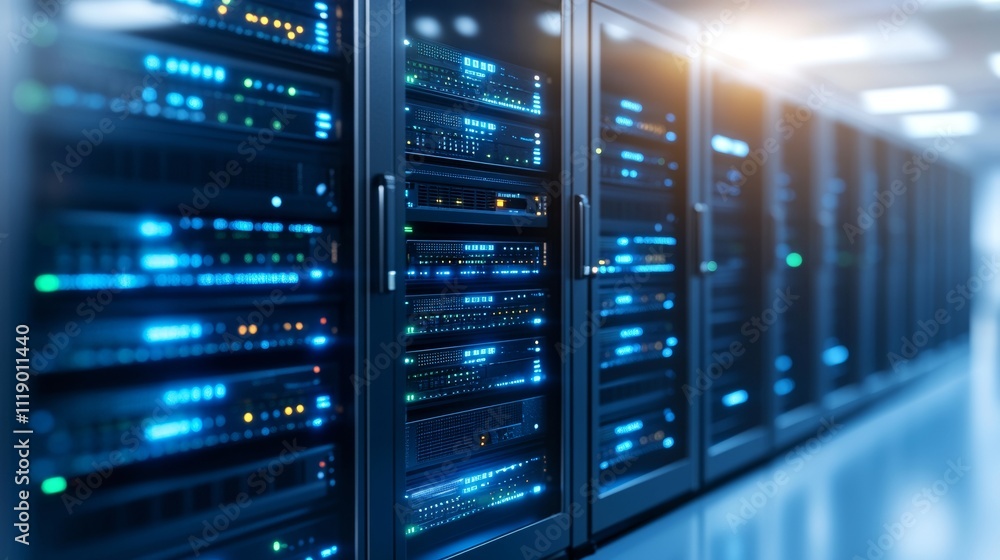 High-Tech Data Center with Rack Servers and Bright LED Lights High-Tech Data Center with Rack Servers and Bright LED Lights
