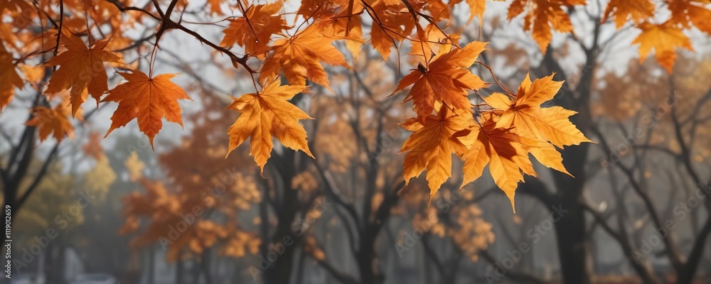 Vibrant orange maple leaves hang from a sturdy branch, swaying gently in the autumn breeze, leaf, nature, maple