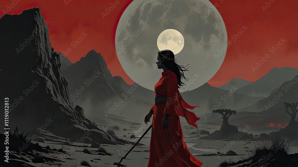 A solitary figure dressed in a flowing red garment strolls through a barren landscape as a large full moon rises against a dramatic reddish sky A solitary figure dressed in a flowing red garment strolls through a barren landscape as a large full moon rises against a dramatic reddish sky