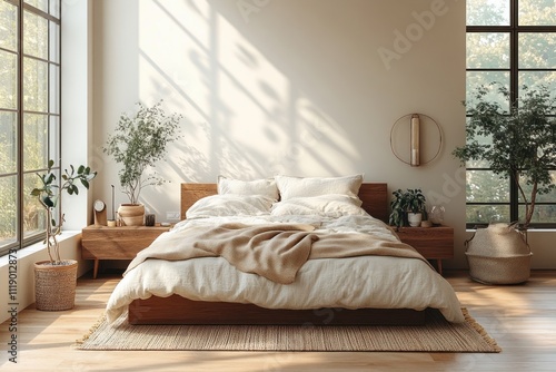 Cozy Scandinavian Bedroom with Wooden Bed, Soft Blankets, and Natural Light