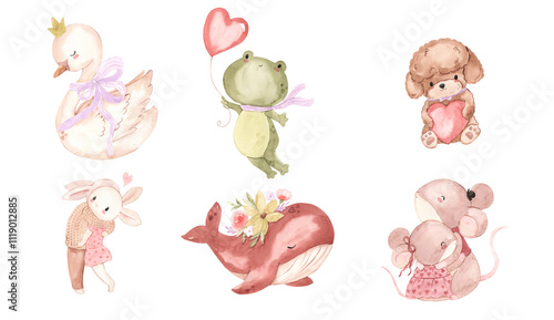 Watercolor poodle, frog, swan, bunny, whale, mouse illustration for kids